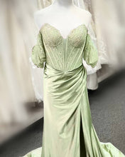 Load image into Gallery viewer, Mermaid Sage Lace Off Shoulder Split Satin Dress