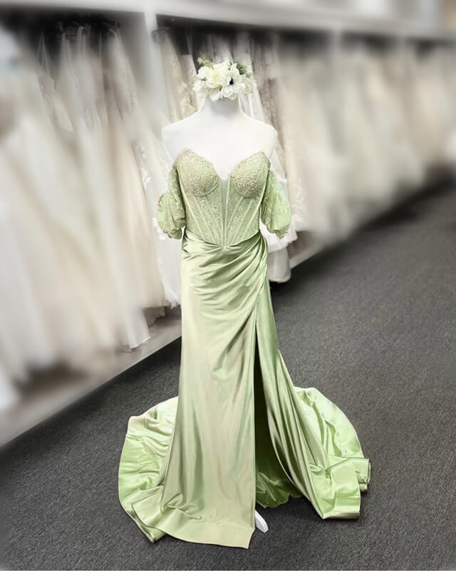 Mermaid Sage Lace Off Shoulder Split Satin Dress