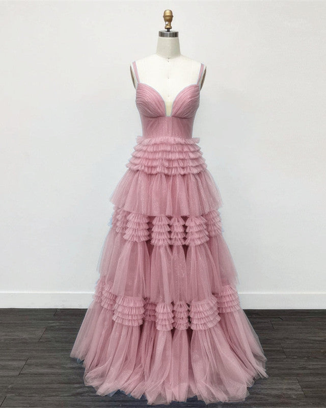 strapless open back dress Spaghetti Straps Tiered Tulle Ball Gown Dress