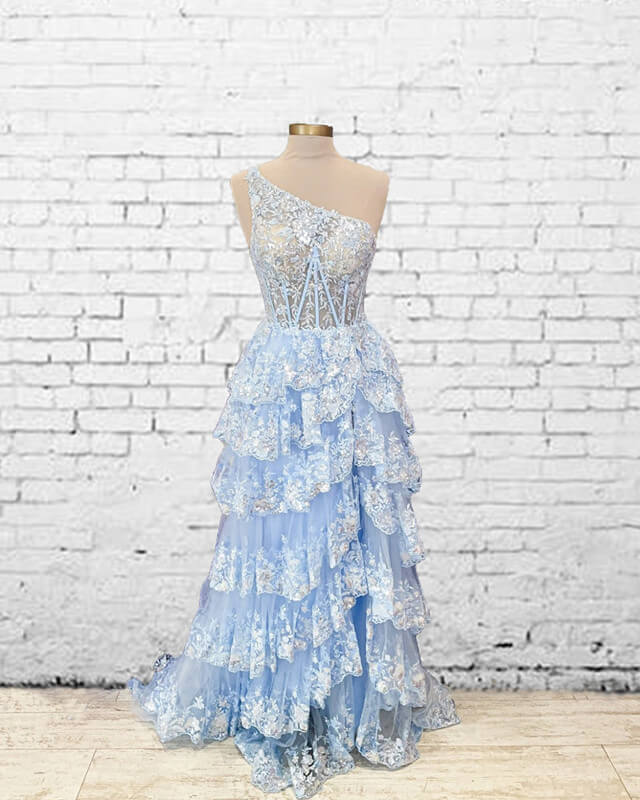 One Shoulder Tiered Lace Prom Dress One Shoulder Tiered Lace Prom Dress