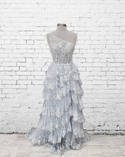 Load image into Gallery viewer, Silver One Shoulder Prom Dress