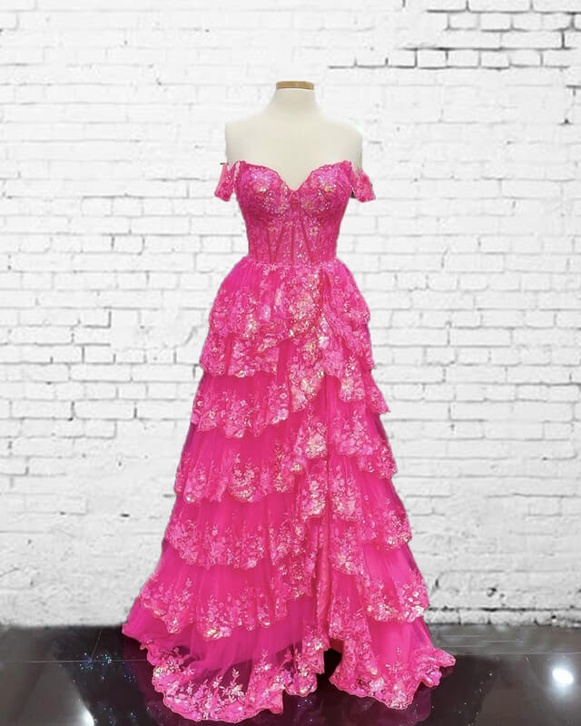 Hot Pink Lace Off Shoulder Tiered Prom Dress With Slit Hot Pink Lace Off Shoulder Tiered Prom Dress With Slit