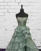 Load image into Gallery viewer, Sage Tiered Lace Strapless Dress