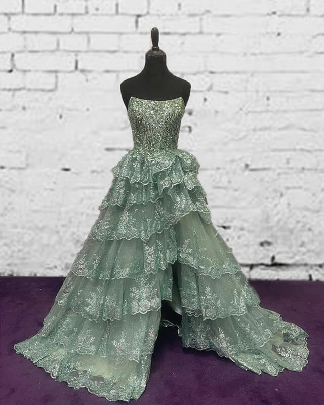 Sage Tiered Lace Strapless Dress Sage Tiered Lace Strapless Dress