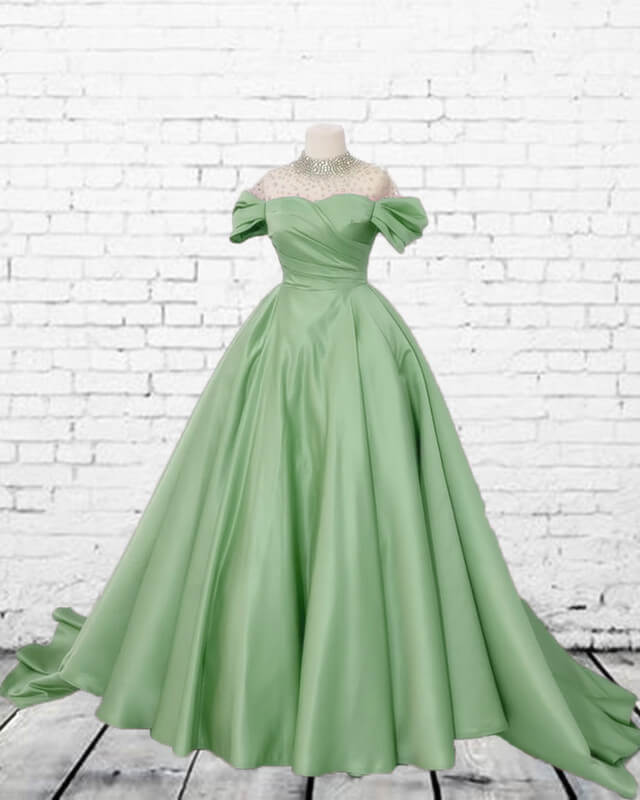 Sheer Beaded High Neck Ball Gown Satin Dress alinanova Sheer Beaded High Neck Ball Gown Satin Dress alinanova