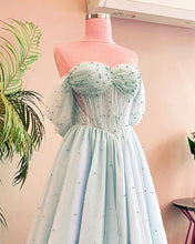 Load image into Gallery viewer, Light Blue Tulle Beaded Off Shoulder Gown