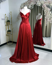 Load image into Gallery viewer, Long A-line V Neck Split Satin Corset Back Dress