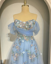 Load image into Gallery viewer, Fairy Blue Tulle Off Shoulder Lace Embroidery Dress
