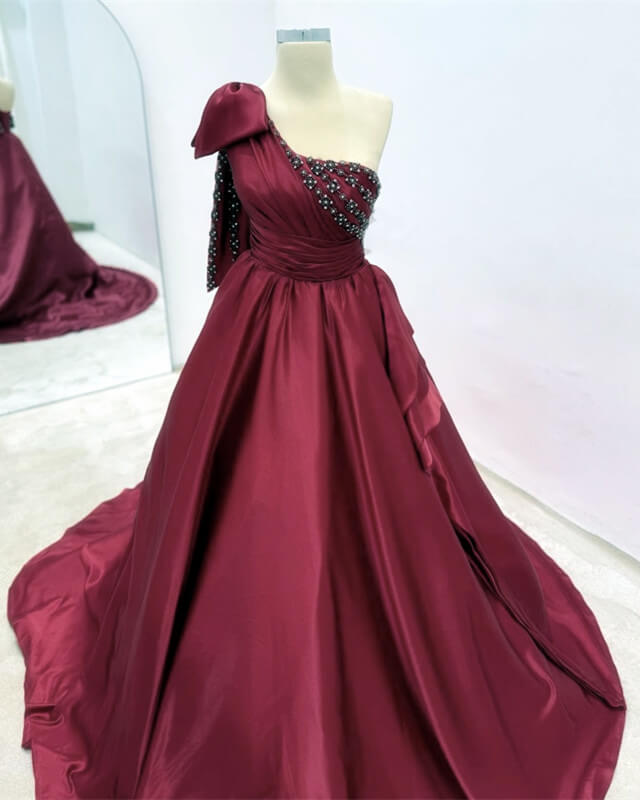 Dark Burgundy Ball Gown One Shoulder Dress