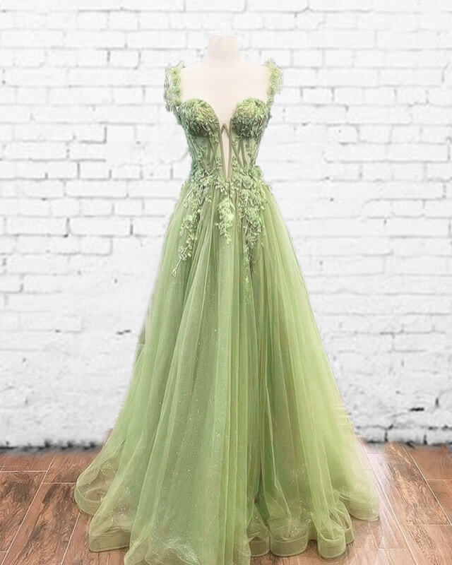 Sage Tulle A-Line Appliques Dress Sage Tulle A-Line Appliques Dress