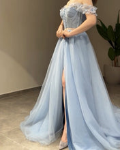 Load image into Gallery viewer, Light Blue Off ShoulderTulle Split Prom Dress