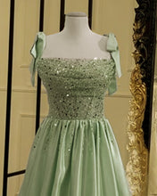 Load image into Gallery viewer, Sage Sequins Beaded Top Satin Floor Length Dress