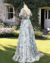 Load image into Gallery viewer, Blue Floral Corset Ruffle Dress