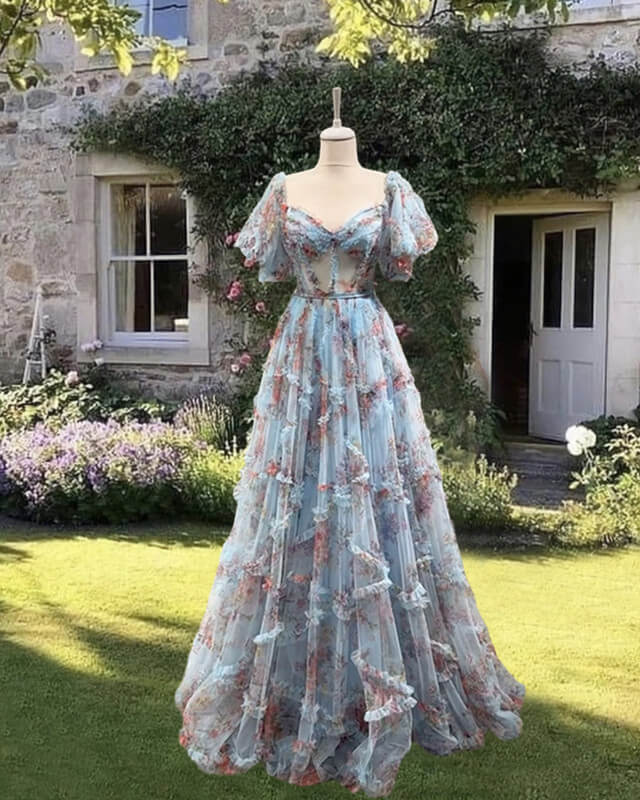 Blue Floral Corset Ruffle Dress alinanova Blue Floral Corset Ruffle Dress alinanova