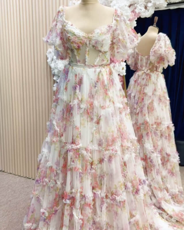 Floral Print V-neck Ruffle Prom Dress – alinanova
