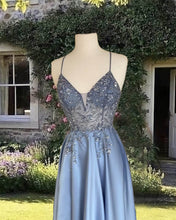 Load image into Gallery viewer, Spaghetti Straps Embroidery Beaded V Neck Satin Dress