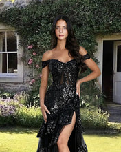 Load image into Gallery viewer, Black Mermaid Sequin Lace Ruffle Dress