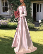 Load image into Gallery viewer, Mermaid Pink Satin Sleeved Dress With 3D Flowers