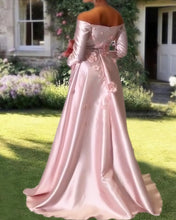 Load image into Gallery viewer, Mermaid Pink Satin Sleeved Dress With 3D Flowers