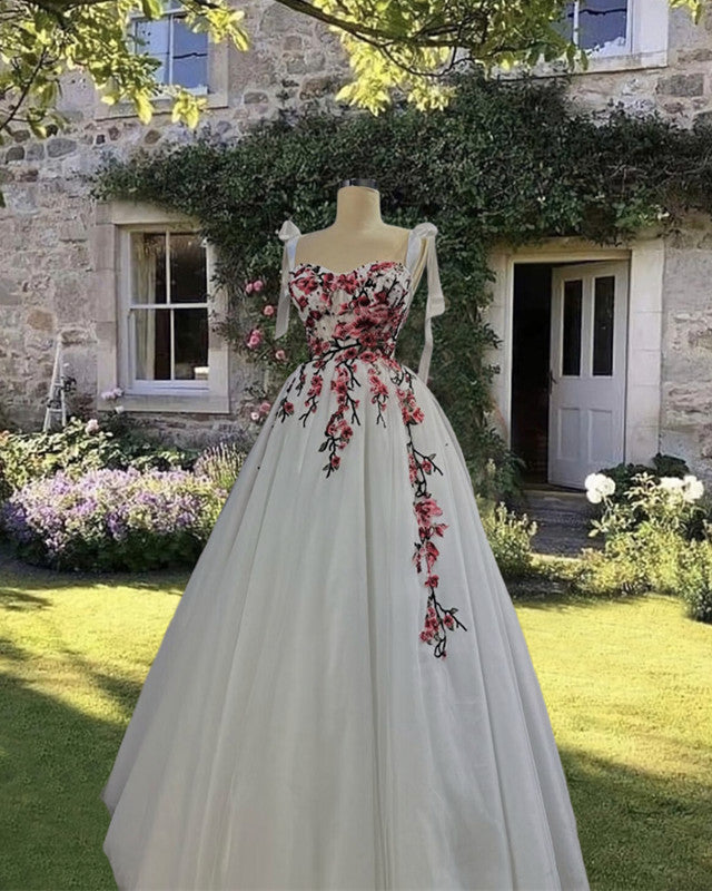 White Tulle Floor Length Ball Gown With 3D Lace Embroidery White Tulle Floor Length Ball Gown With 3D Lace Embroidery