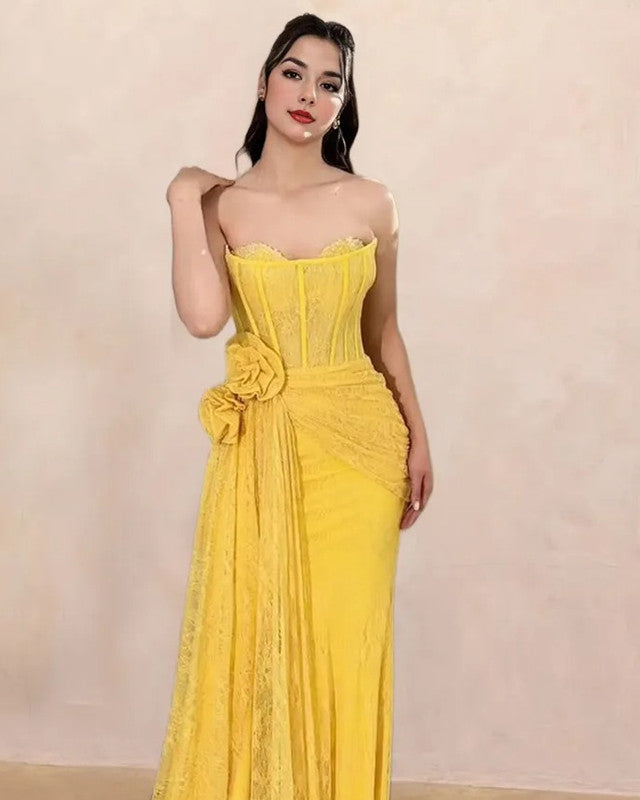 Mermaid Yellow Lace Strapless Split Dress Mermaid Yellow Lace Strapless Split Dress