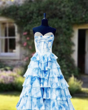 Load image into Gallery viewer, Blue Floral Print Layered Prom Dress