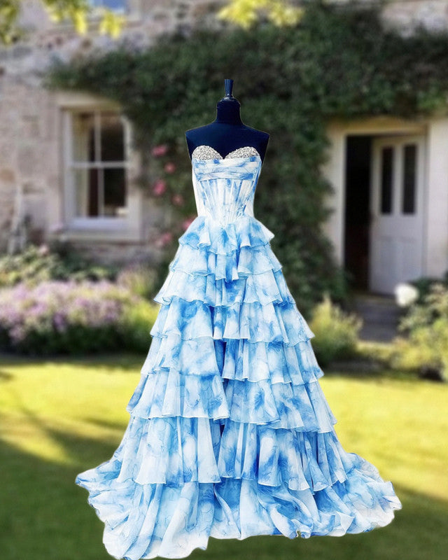 Blue Floral Print Layered Prom Dress Blue Floral Print Layered Prom Dress