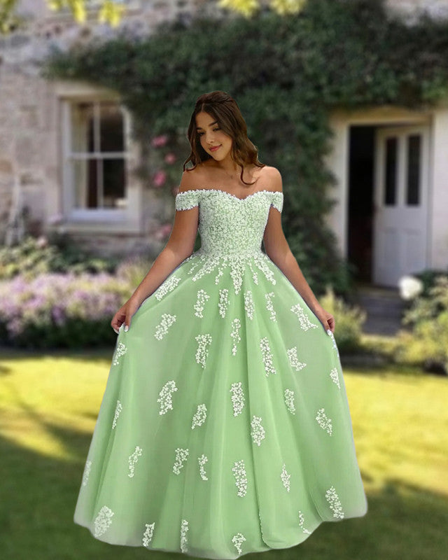 Off Shoulder Tulle Dress With Ivory Lace Appliques
