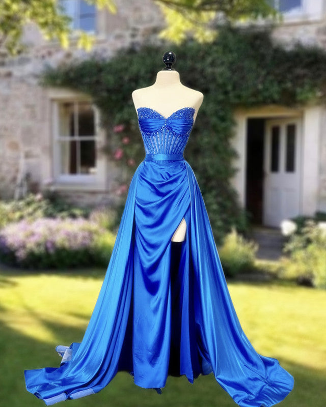 royal blue dress v neck Mermaid Beaded V Neck Satin Dress With Slit