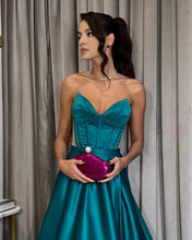 Load image into Gallery viewer, A-line Teal Satin Boned Corset Dress