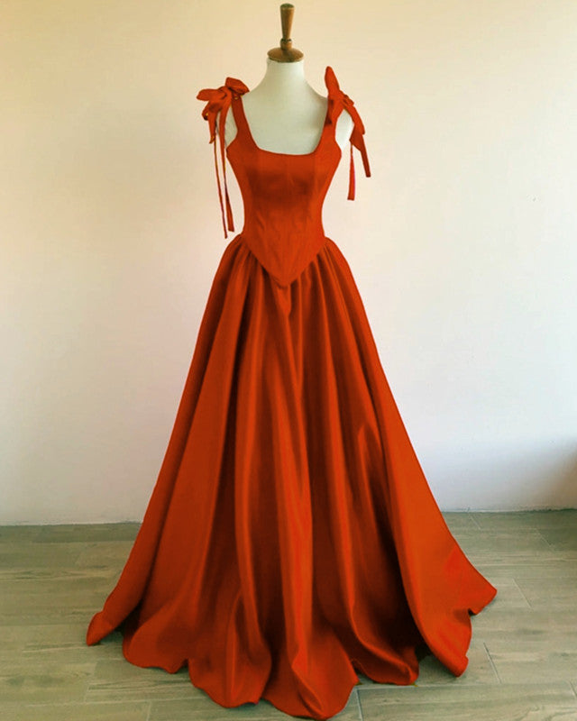 strapless open back dress Burnt Orange Bow Straps Satin Ball Gown Dress