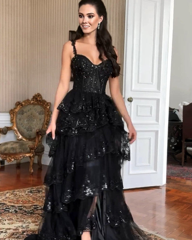Long Black Layered Lace Corset Dress Long Black Layered Lace Corset Dress