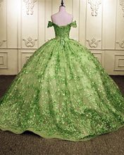 Load image into Gallery viewer, Ball Gown Sage Lace Overlay Dress