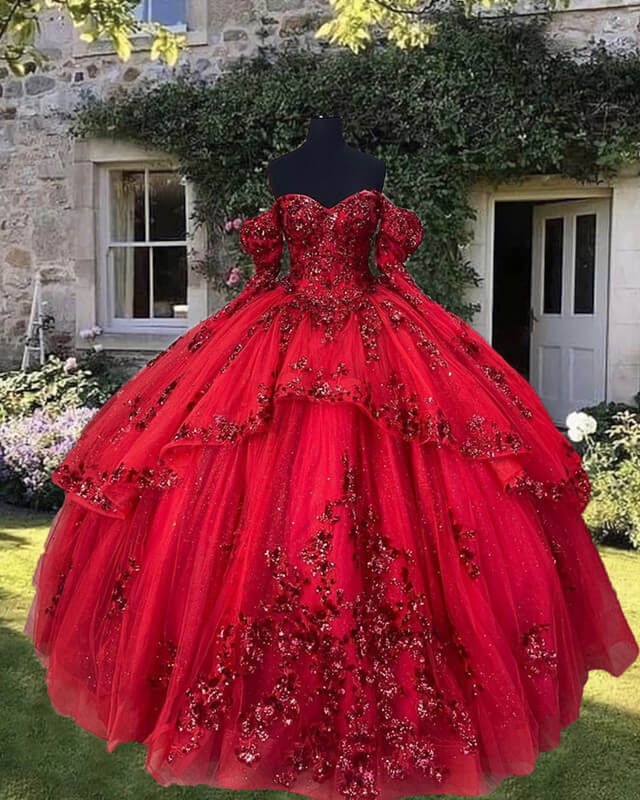 3D Flowers Off Shoulder Organza Ball Gowns Quinceanera Dresses