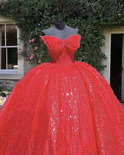 Load image into Gallery viewer, Red Sparkly Ball Gown Dress With Bow