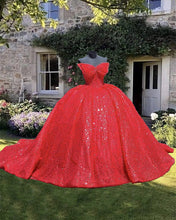 Load image into Gallery viewer, Red Sparkly Ball Gown Dress With Bow