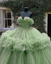 Load image into Gallery viewer, Sage Tulle Ruffless Ball Gown Appliques Dress