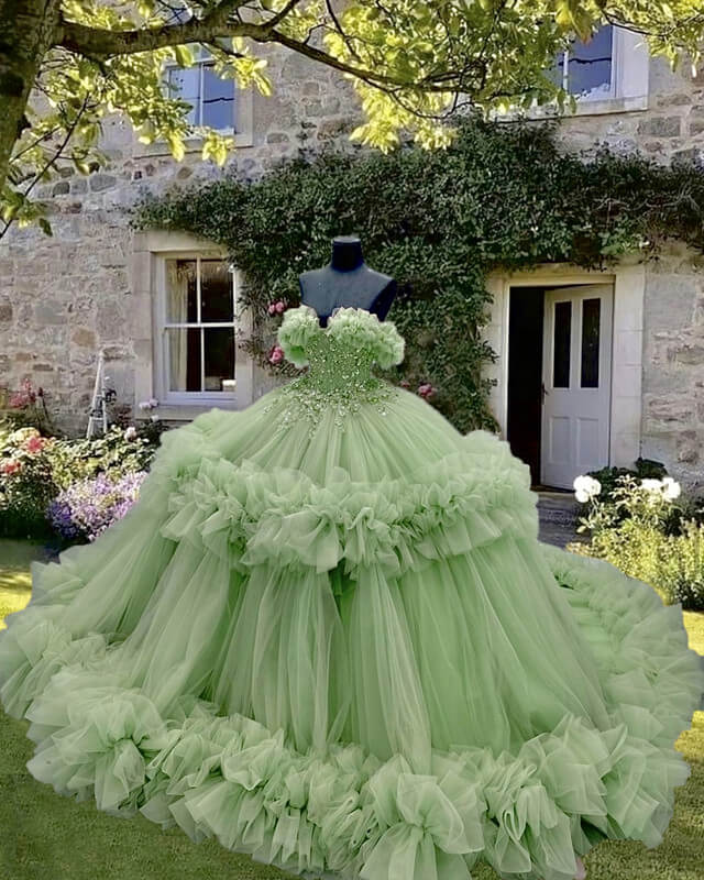 Sage Tulle Ruffless Ball Gown Appliques Dress Sage Tulle Ruffless Ball Gown Appliques Dress