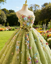 Load image into Gallery viewer, Sage Green Layered Ball Gown With 3D Flowers