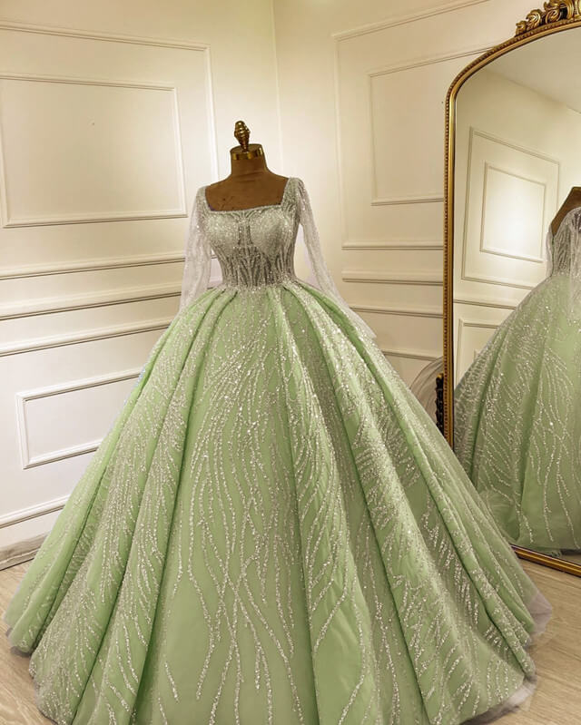Sage Tulle Ball Gown with Sequin Pattern