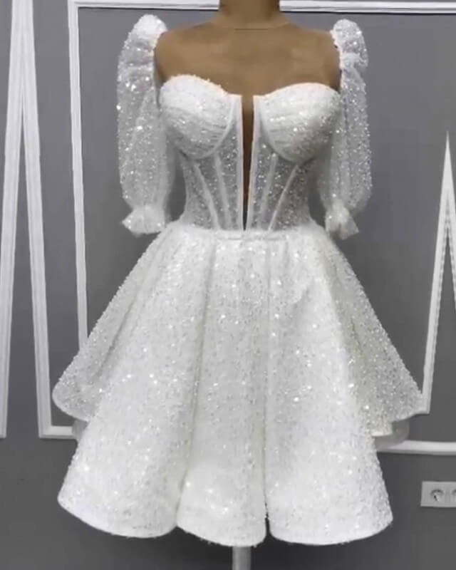 Short Long Sleeves Sparkly Wedding Gown Short Long Sleeves Sparkly Wedding Gown