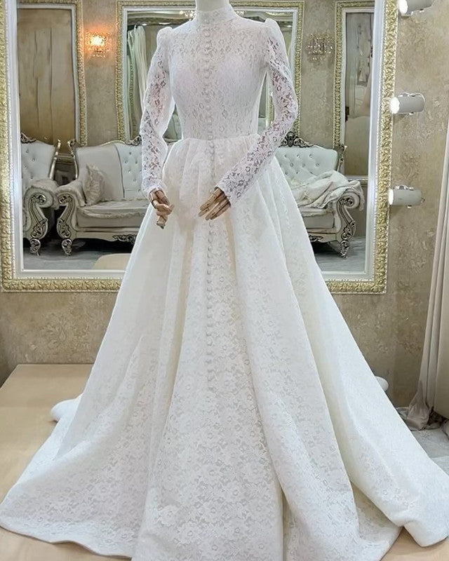 Modest Lace High Neck Long Sleeve Wedding Dress – alinanova