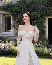 Load image into Gallery viewer, A-line Lace Sleeves Satin Wedding Dress