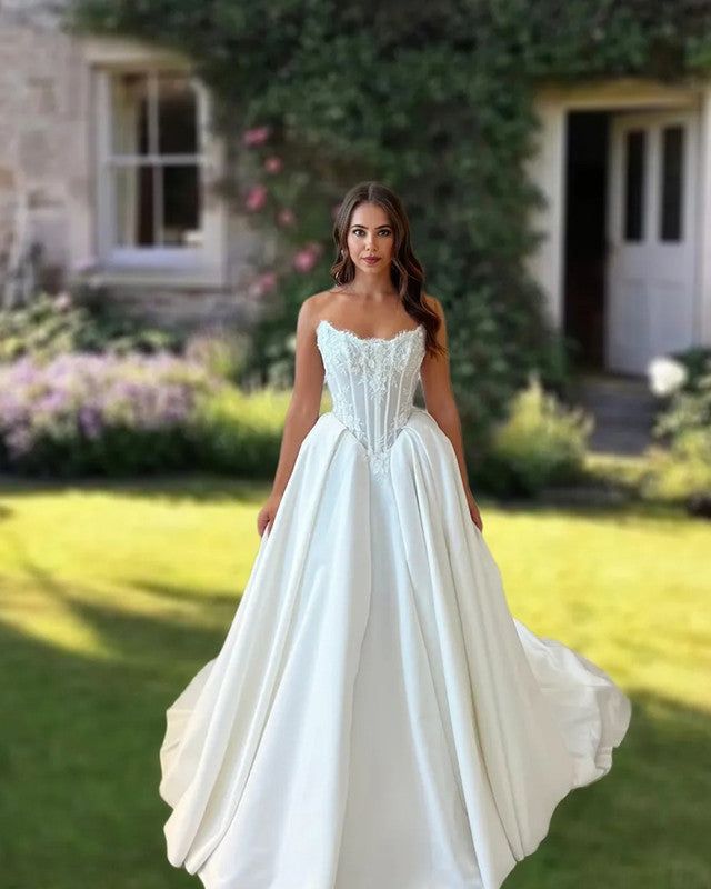 Lace Strapless Corset Wedding Dress Satin Lace Strapless Corset Wedding Dress Satin