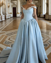 Load image into Gallery viewer, Zora | Light Blue Satin Off Shoulder Dress