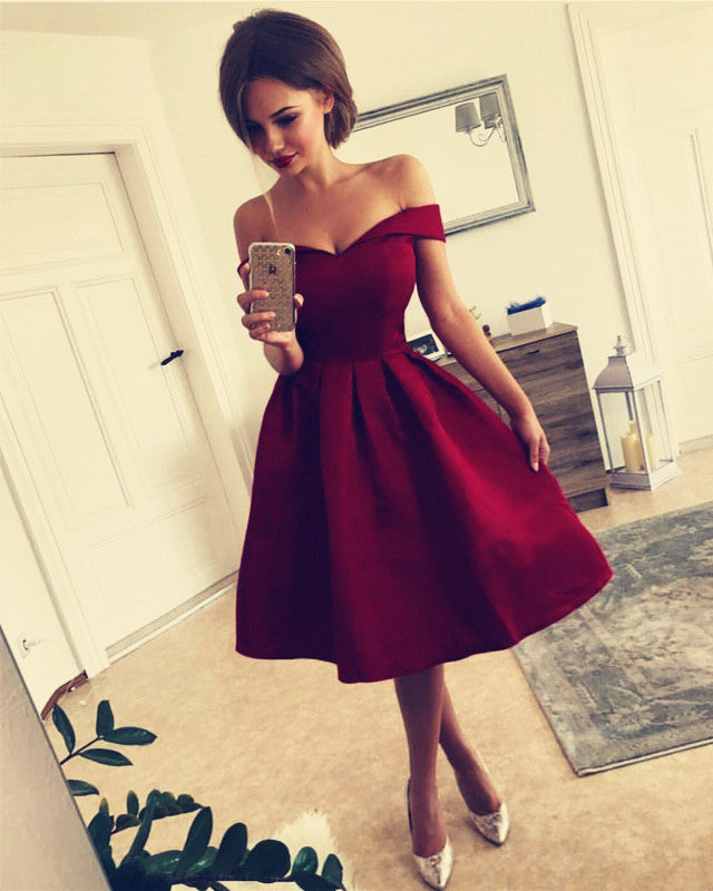 Knee Length V-neck Off The Shoulder Satin Bridesmaid Dresses