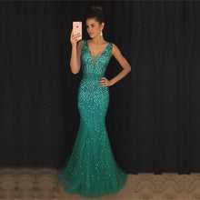Load image into Gallery viewer, Deep V Neck Long Mermaid Evening Dresses Crystal Beaded
