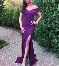 Load image into Gallery viewer, V Neck Off The Shoulder Mermaid Bridesmaid Dresses With Leg Split