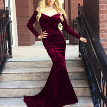 Load image into Gallery viewer, V Neck Off Shoulder Velvet Prom Dress Long Sleeves Mermaid Evening Gowns