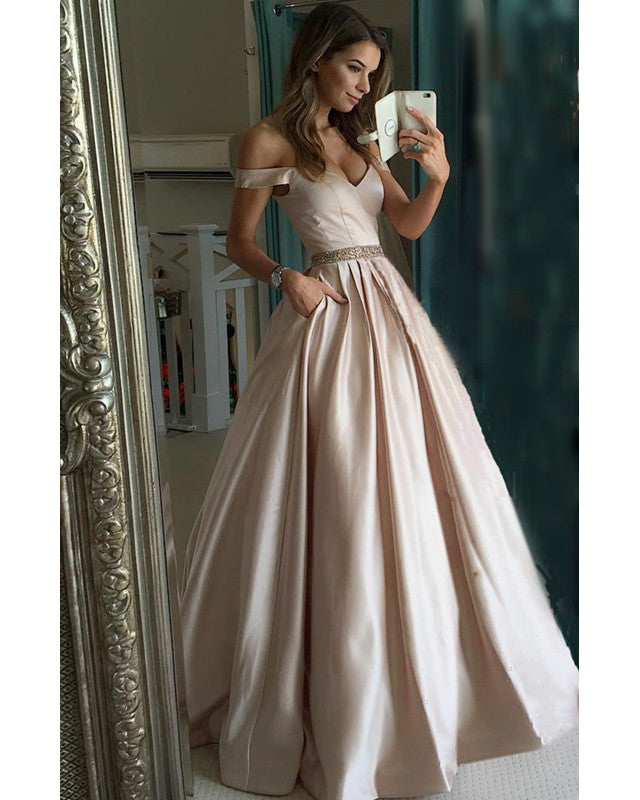 Pretty Nude Satin V-Neck Prom Dresses Off Shoulder Evening Gowns Beaded Sashes Pretty Nude Satin V-Neck Prom Dresses Off Shoulder Evening Gowns Beaded Sashes